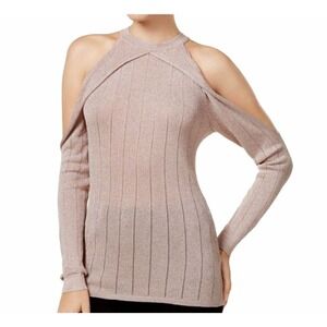 GUESS Sweater Woman Large Blush Pink Gray Sera‎ Sheer Metallic Cold-Shoulder